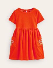 Fun Towelling Dress Red Girls Boden, Jam Red Embroidery