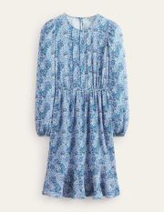 Pleated Peplum Mini Dress Blue Women Boden, Teal, Botanic Terrace