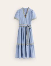 Embroidered Linen Blend Dress Blue Women Boden, Chambray