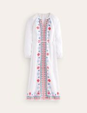 Embroidered Belted Linen Dress White Women Boden, White, Multi