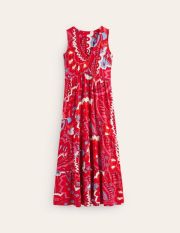 Sylvia Jersey Maxi Tier Dress Red Women Boden, Flame Scarlet, Foliage Paisley