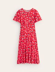Felicity Jersey Midi Tea Dress Red Women Boden, Flame Scarlet, Botanical Petal