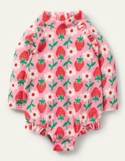 Long Sleeve Frilly Swimsuit Pink Lemonade Strawberry Stamp Baby Boden, Pink Lemonade Strawberry Stam
