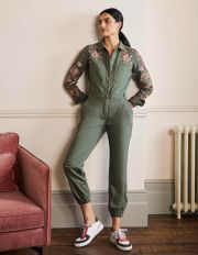 Carly Cotton Jumpsuit Khaki Embroidered Women Boden, Khaki Embroidered