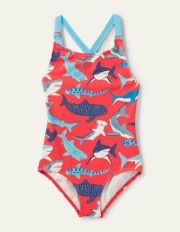 Cross-back Printed Swimsuit Soft Red Sharks Boden, Soft Red Sharks