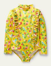 Long-sleeve Frilly Swimsuit Sweetcorn Tropical Garden Boden, Sweetcorn Tropical Garden