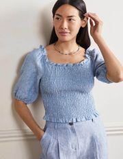 Carrie Smocked Linen Top Chambray Women Boden, Chambray