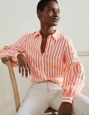 Anna Blouson Linen Shirt Papaya/Ivory Stripe Boden, Papaya/Ivory Stripe