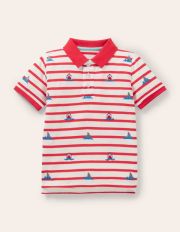 Red Shark Embroidered Polo Shirt Strawberry Red/Ivory Sharks Boden, Strawberry Red/Ivory Sharks