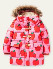 Longline Padded Jacket Bright Pink Petal Apples Christmas Boden, Bright Pink Petal Apples