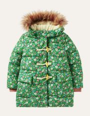 Longline Padded Jacket Forest Green Floral Christmas Boden, Forest Green Floral