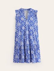 Daisy Jersey Short Tier Dress Blue Women Boden, Surf The Web, Gardenia Swirl