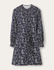 Smocked Detail Jersey Dress Blue Women Boden, French Navy, Leafy Sprig