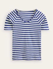 Anna Rib V-Neck T-Shirt Blue Women Boden, Lapis Blue, Ivory Stripe