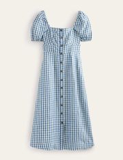 Square Neck Linen Midi Dress Blue Women Boden, Delphinium Blue, Gingham