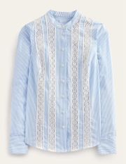 Lace-Panelled Poplin Shirt Blue Women Boden, Cornflower Fine Ticking Stripe