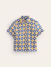 Hazel Short Sleeve Linen Shirt Blue Women Boden, Surf The Web, Geometric Stamp