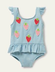 Pretty Frill Waist Swimsuit Blue/Ivory Strawberries Baby Boden, Blue/Ivory Strawberries