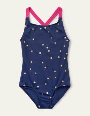 Cross-back Printed Swimsuit Harmony Blue Gold Spot Boden, Harmony Blue Gold Spot