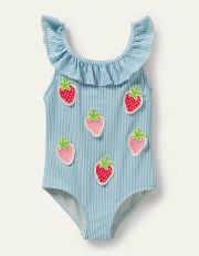 Frill Swimsuit Blue/Ivory Ticking Strawberry Boden, Blue/Ivory Ticking Strawberry