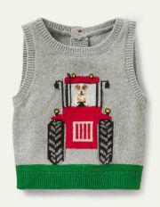 Tractor Knitted Tank Top Grey Marl Tractor Baby Boden, Grey Marl Tractor