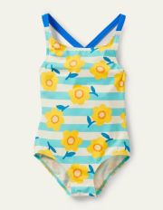 Cross-back Printed Swimsuit Aqua Blue/ Ivory Daffodil Boden, Aqua Blue/ Ivory Daffodil